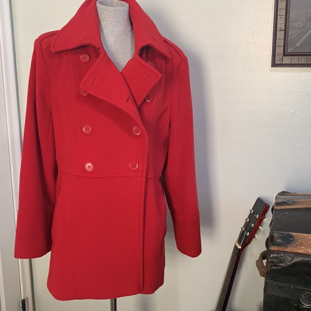 L.L. Collezioni Italia Red 70%Wool  20%Nylon‎  10%Cashmere Pea Coat Size 16